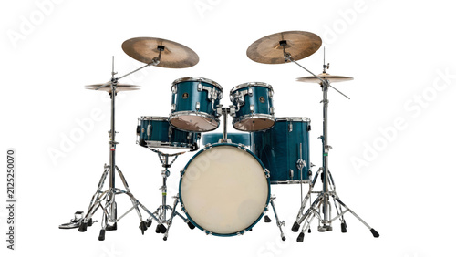 Professional blue drum kit featuring shiny brass cymbals and chrome hardware components arranged for a rock musician to perform live music concerts on transparent background