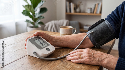Senior woman measuring blood pressure at home. Elderly patient using electronic tonometer for health monitoring. Cardiovascular disease prevention and hypertension self care concept.