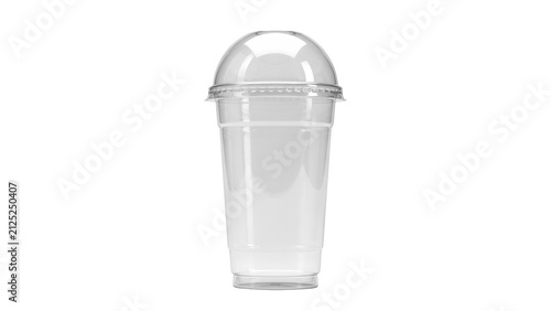 Empty clear plastic disposable cup with a rounded dome lid designed for cold beverages and refreshing summer drinks captured in studio lighting on transparent background