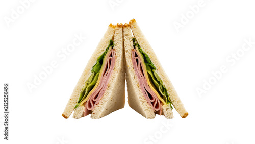 Two triangular slices of fresh ham and cheese sandwich with crisp lettuce stacked neatly together in a bright studio lighting setup isolated on transparent background