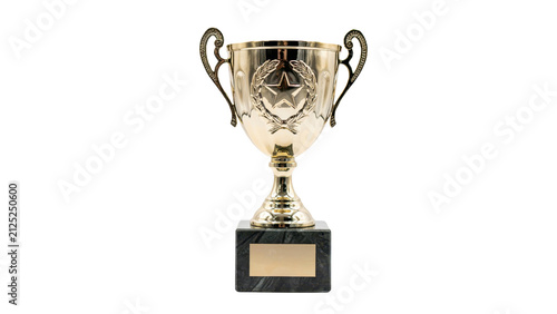 Shiny gold trophy cup featuring an embossed star icon and decorative laurel leaves standing on a heavy marble base for victory celebrations presented on transparent background