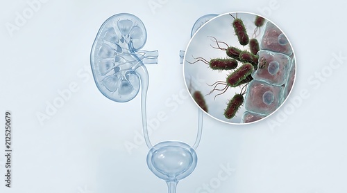 3d medical illustration of a urinary tract infection showing bacteria attacking the kidney tissue and cells