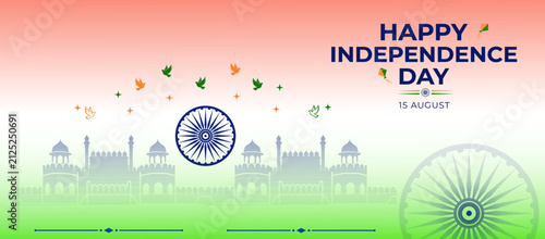 Indian Independence Day banner with Ashoka Chakra and Red Fort silhouette, 15 August celebration background, tricolor national holiday vector