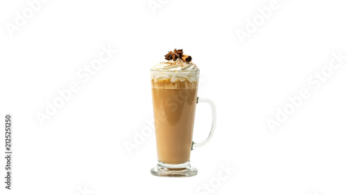 Delicious aromatic coffee latte served in a tall glass mug topped with whipped cream cinnamon stick and star anise spice on transparent background