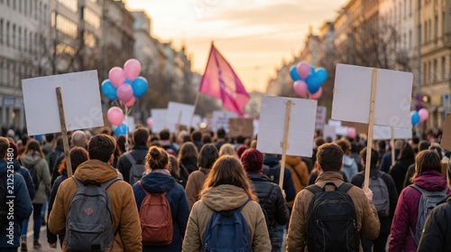 Demonstrators holding signs and marching down a city street in a peaceful protest