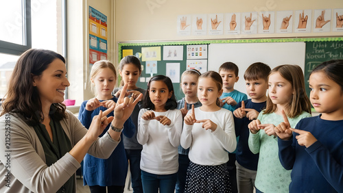 Teacher teaching sign language to diverse elementary school children in classroom