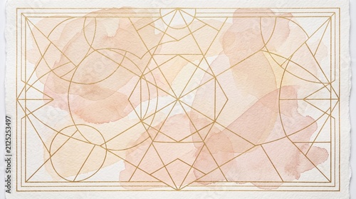 An elegant artistic composition featuring delicate gold geometric lines overlaid on a soft peach and coral watercolor background to create a sophisticated and harmonious minimalist abstract design
