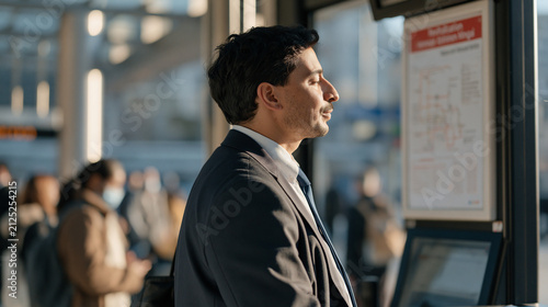 Bus driver in a crowded transit hub glancing at a revitalization poster in a nearly extinct language mounted beside the route map, passengers unaware, a candid unposed moment of