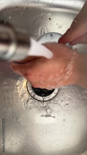 Close up top view of hands washing spoons with soap under running water in a stainless steel kitchen sink, everyday household chore of dishwashing, cleaning cutlery and sink drain, hygiene.