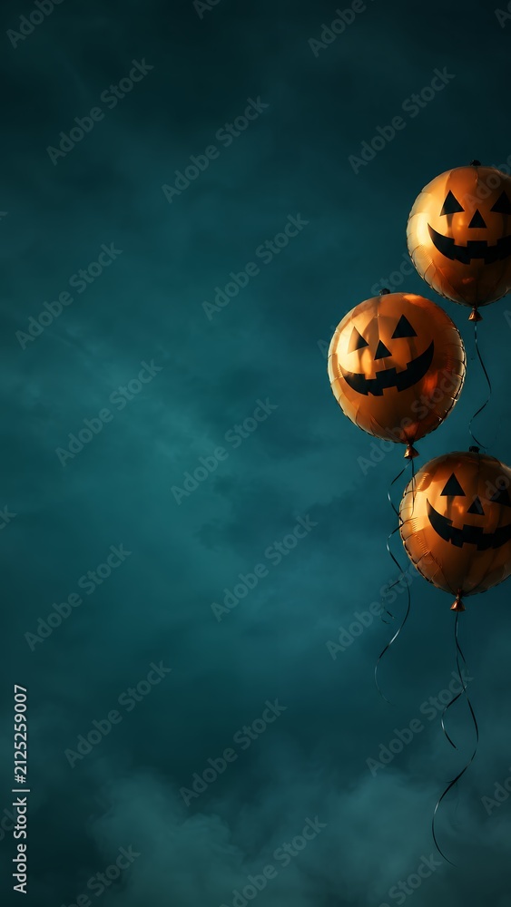 Naklejka premium Halloween copy space background with floating pumpkin balloons under a dark teal cloudscape