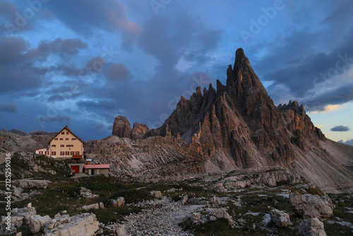 Dolomites, Italy - August 20. 2022: The mountain hut Anotonio Locatelli or Dreizinnen hut under the foot of Monte Paterno Dolomites, South Tyrol, Italy