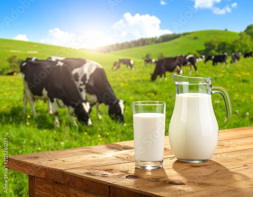 Fresh milk in a pitcher and glass on a wooden table