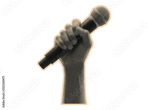 Retro halftone hand holding microphone art collage on transparent background