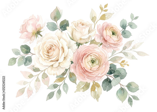 Romantic floral watercolor composition with cream roses and blush ranunculus isolated on transparent background