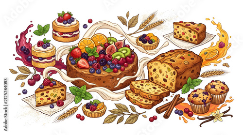 Delicious Assorted Gourmet Cakes, Fruit Tarts, and Fresh Baked Bread Vector Set for Bakery Menu