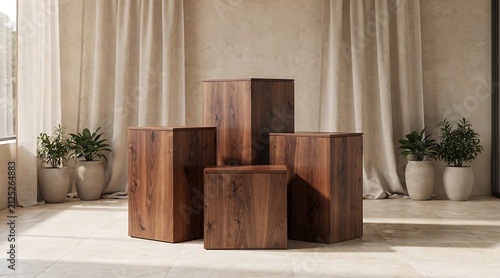 Modern wooden pedestals arranged in a stylish interior setting.