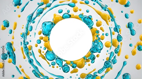 Abstract circular frame of blue water and yellow paint droplets in motion
