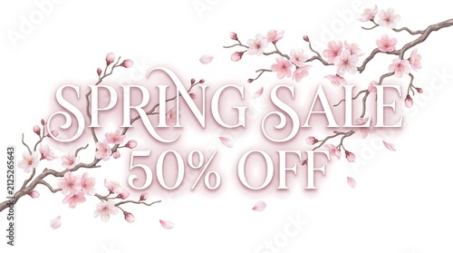 Elegant Spring Sale Banner with Cherry Blossoms and 50% Discount Offer