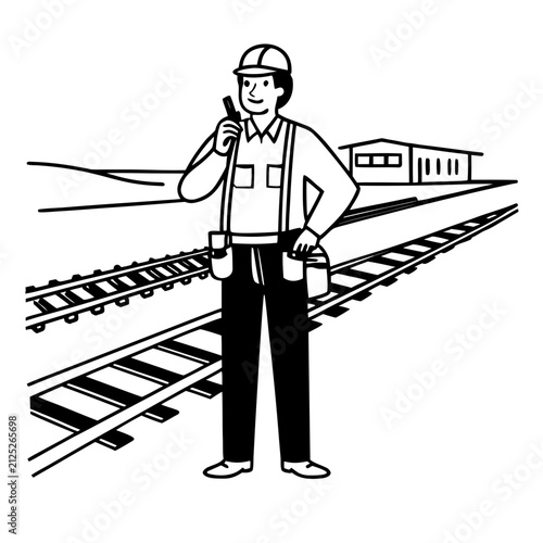 Railway worker, confident, holding a radio, standing on the tracks with a building in the background