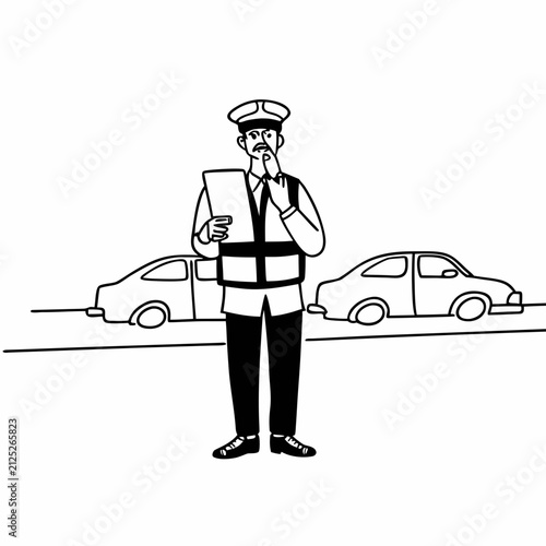 Traffic inspector with thoughtful expression inspecting vehicles on urban road