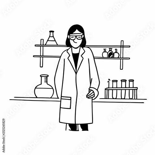 Chemical engineer in laboratory, confident smile, standing behind table with lab equipment, line art