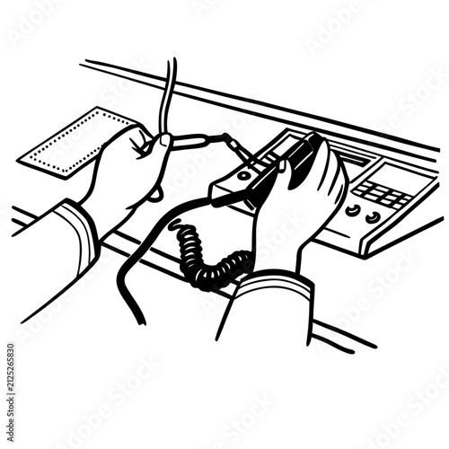 Communication engineer working on a telephone system, technical environment, black and white illustration