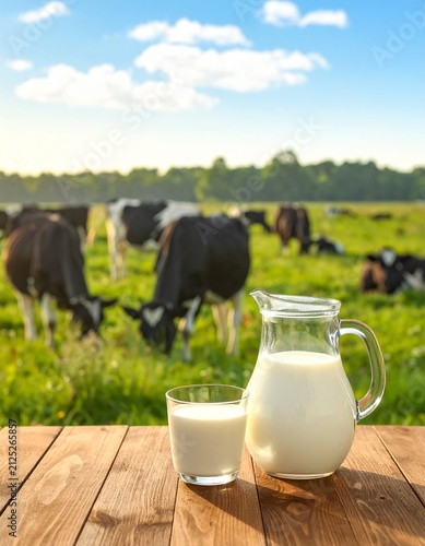 Fresh milk in a pitcher and glass on a wooden table