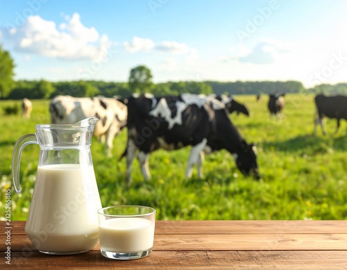 Fresh milk in a pitcher and glass on a wooden table