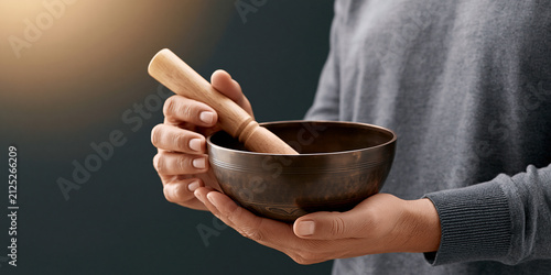 Close-up of person holding a tibetan singing bowl and wooden striker against dark gradient background with copy space, meditation, mindfulness and sound therapy, concept of energy healing and wellness