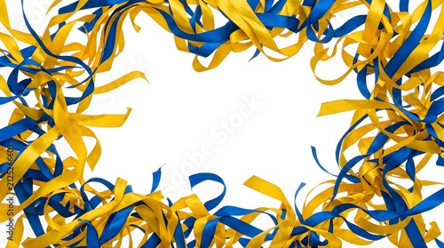 Blue and yellow ribbons forming a decorative frame on white background