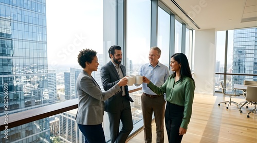 Diverse business team toasting with coffee in a high-rise office building