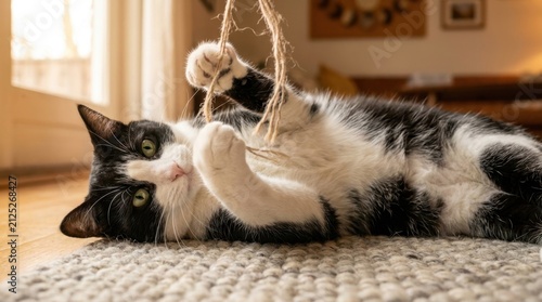 Playful black and white cat lying on a rug and playing with a toy.