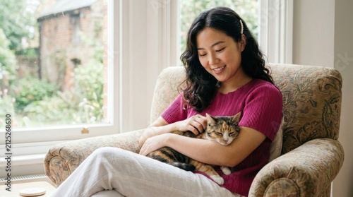 Young Asian Woman Cuddling Tabby Cat While Sitting in Armchair by Window.