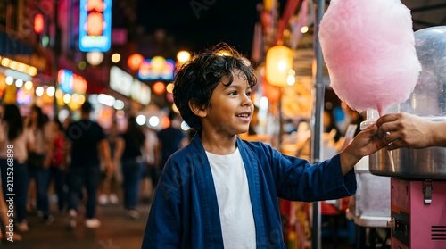 Happy young boy buying pink cotton candy at a street food market night
