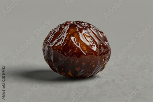 Single round dried date fruit isolated against neutral grey background highlighting organic texture and dark caramelized skin of sweet snack.