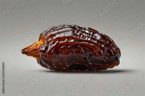 Single dried date fruit with stem isolated against grey background showcasing glossy wrinkled skin and natural organic healthy food product.