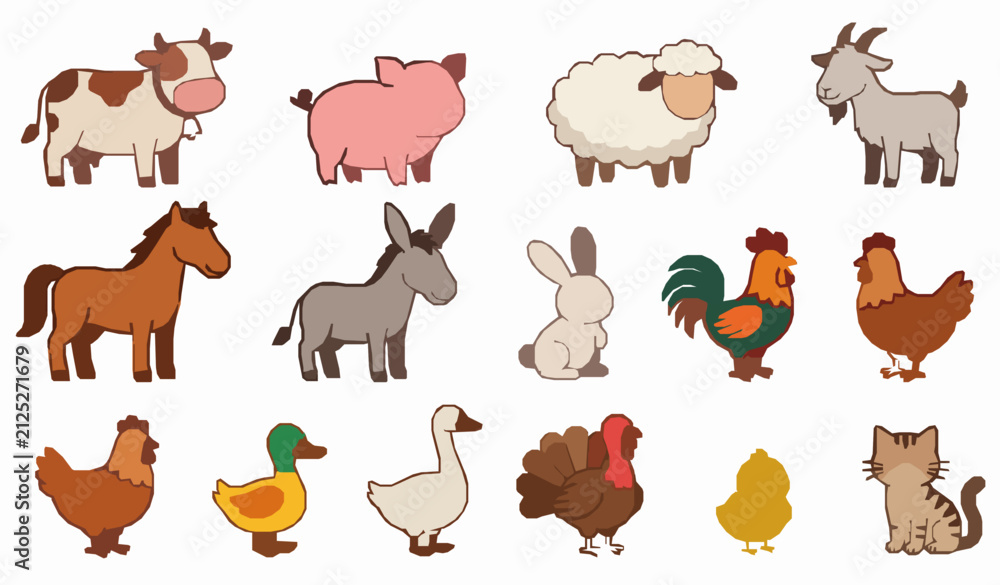 Fototapeta premium Cute Barnyard Animals Flat Vector Set with Friendly Farm Cartoon Illustrations