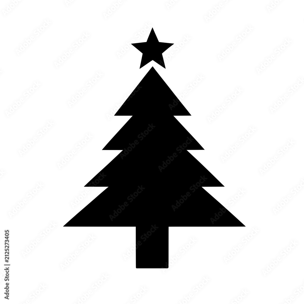 Obraz premium Minimal black Christmas tree silhouette with a star on top isolated on white background for holiday decorations, greeting cards, festive graphics, and seasonal designs