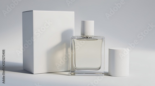 Minimalist perfume bottle and box on a white background.