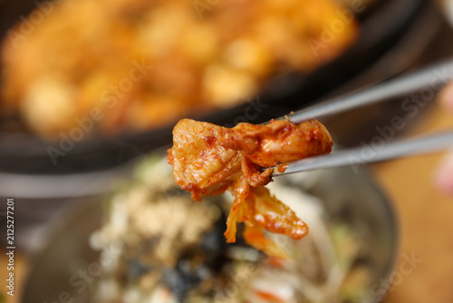 Spicy Korean Chicken Stir Fry Dakgalbi with Vegetables on Iron Pan