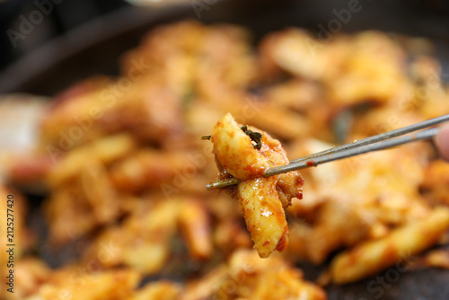Spicy Korean Chicken Stir Fry Dakgalbi with Vegetables on Iron Pan