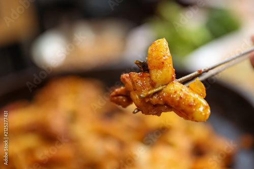Spicy Korean Chicken Stir Fry Dakgalbi with Vegetables on Iron Pan