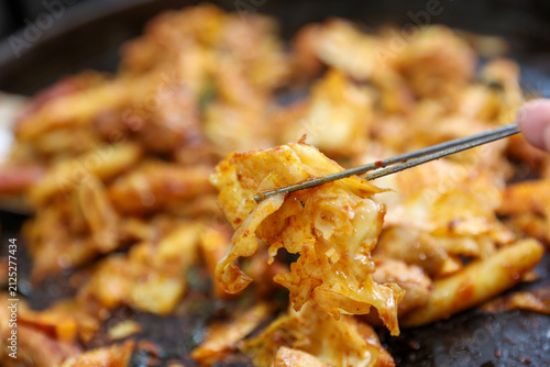Spicy Korean Chicken Stir Fry Dakgalbi with Vegetables on Iron Pan