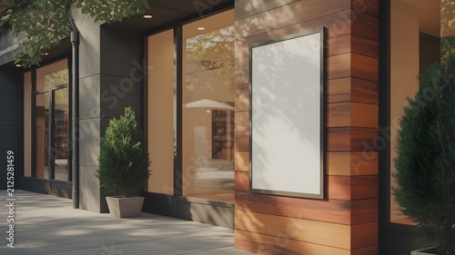 Blank vertical poster mockup on a wooden wall outside a modern storefront with glass windows and a small potted plant
