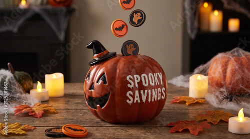 Halloween Piggy Bank Savings Jar Filling with Orange and Black Coins Finance Concept