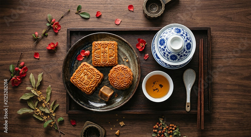 Aesthetic Mid-Autumn Festival Food Photography with Traditional Mooncakes and Tea Service on Rustic Wood.