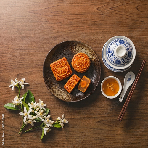 Aesthetic Mid-Autumn Festival Food Photography with Traditional Mooncakes and Tea Service on Rustic Wood.