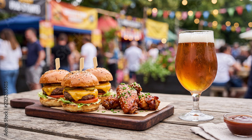 Three cheeseburgers and chicken wings with beer at outdoor food market