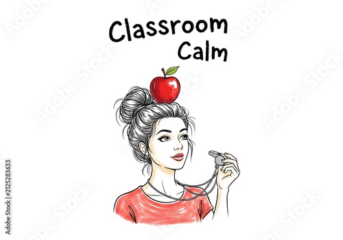 Classroom Calm Illustration of a Young Female Teacher with an Apple and Whistle
