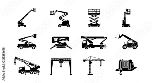 Construction Equipment Icons: Aerial Lifts, Cranes, and Hoists Vector Set